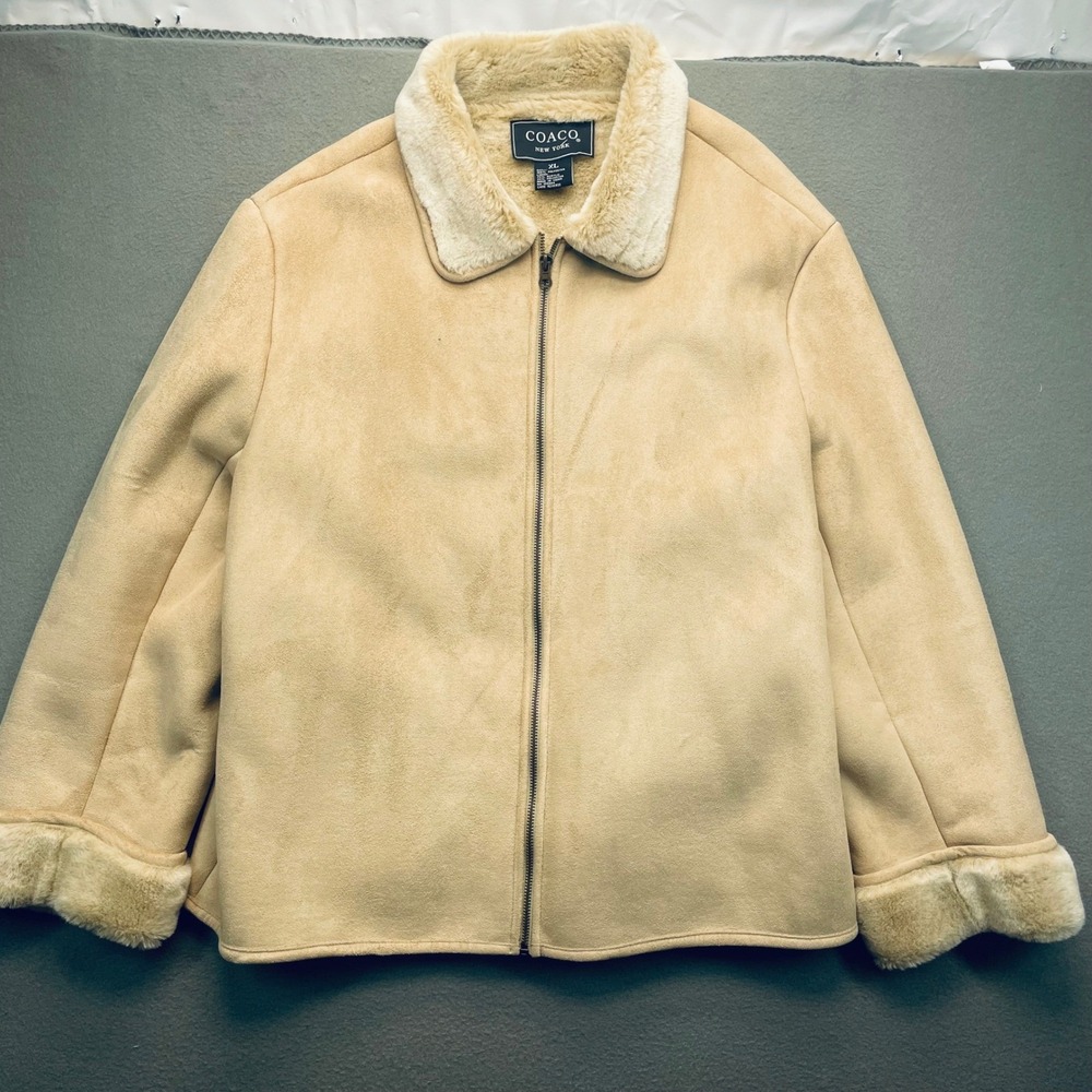 COACO New York VTG Faux‎ Suede Shearling Lined Jacket Tan Cozy Zip Coat Women XL